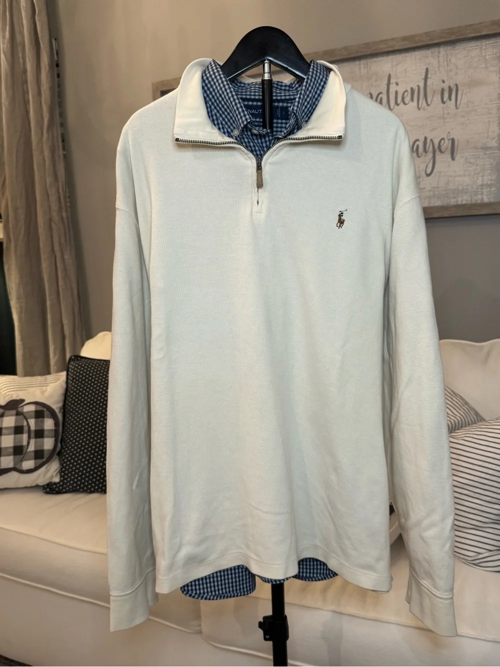 Polo by Ralph Lauren Cream Half-Zip Pullover with Navy Gingham Collar